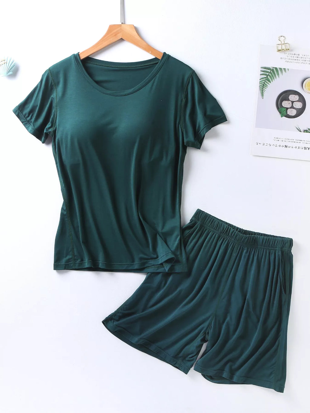 Plus Size Padded Round Neck Modal T-Shirt and Shorts Set in Black for Women