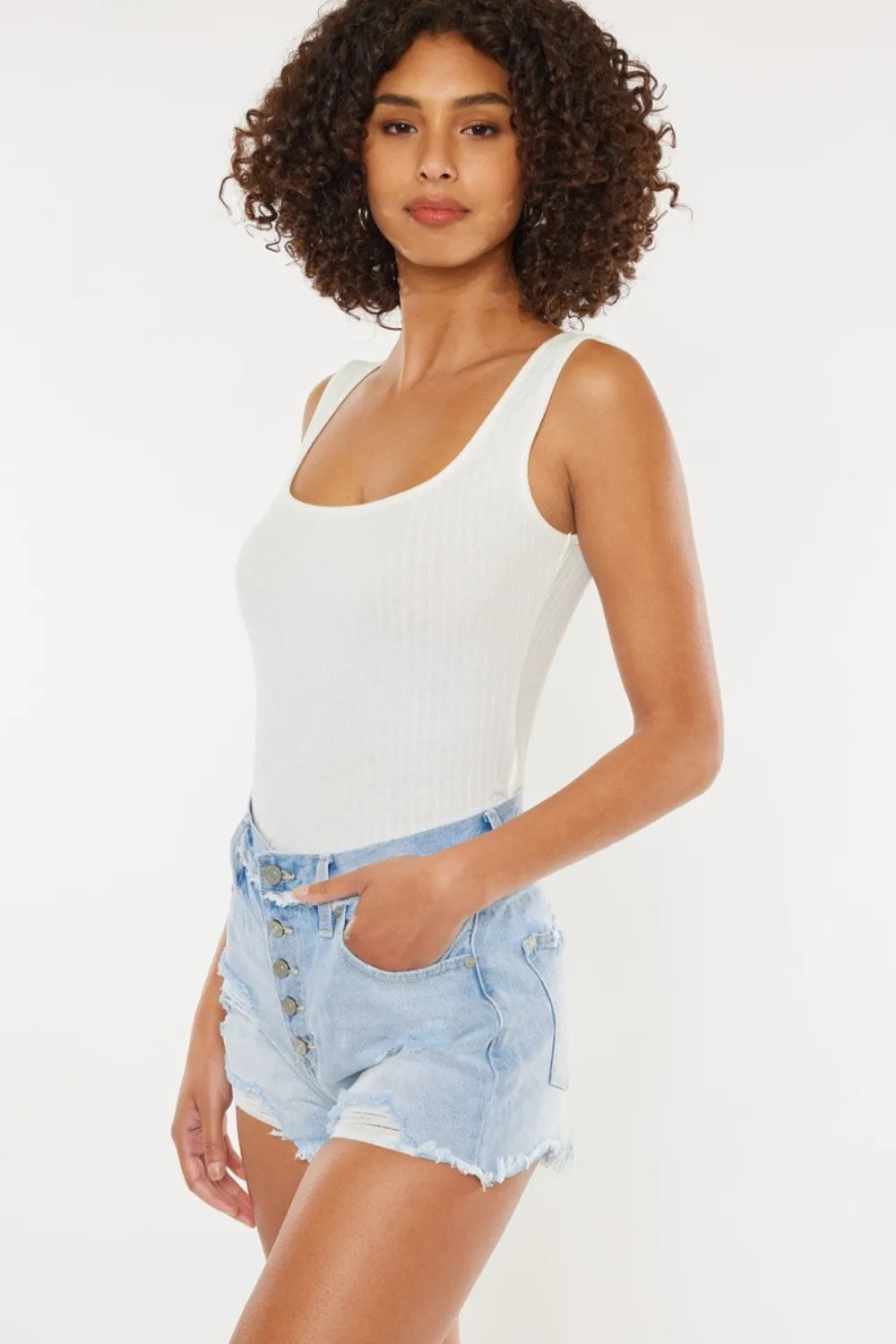 Distressed Button Fly Denim Shorts in Medium for Women