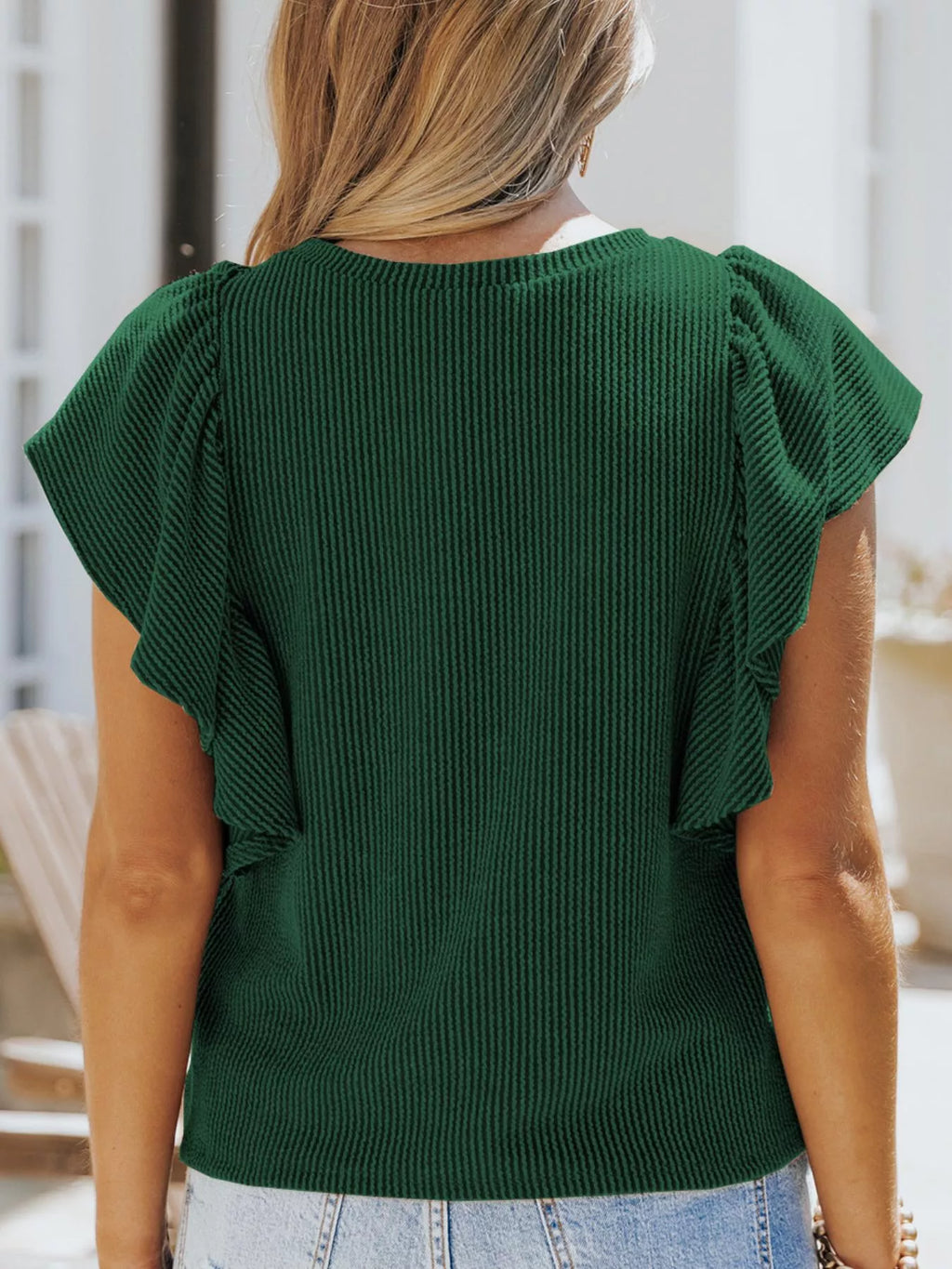 Ruffled Sleeve Ribbed Knit T-Shirt Plus Size in Brown for Women