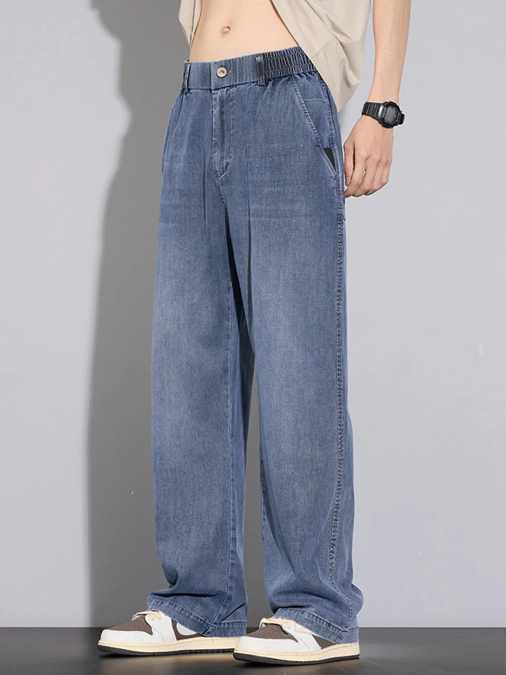Wide Leg Relaxed Fit Jeans in Vintage Blue for Men