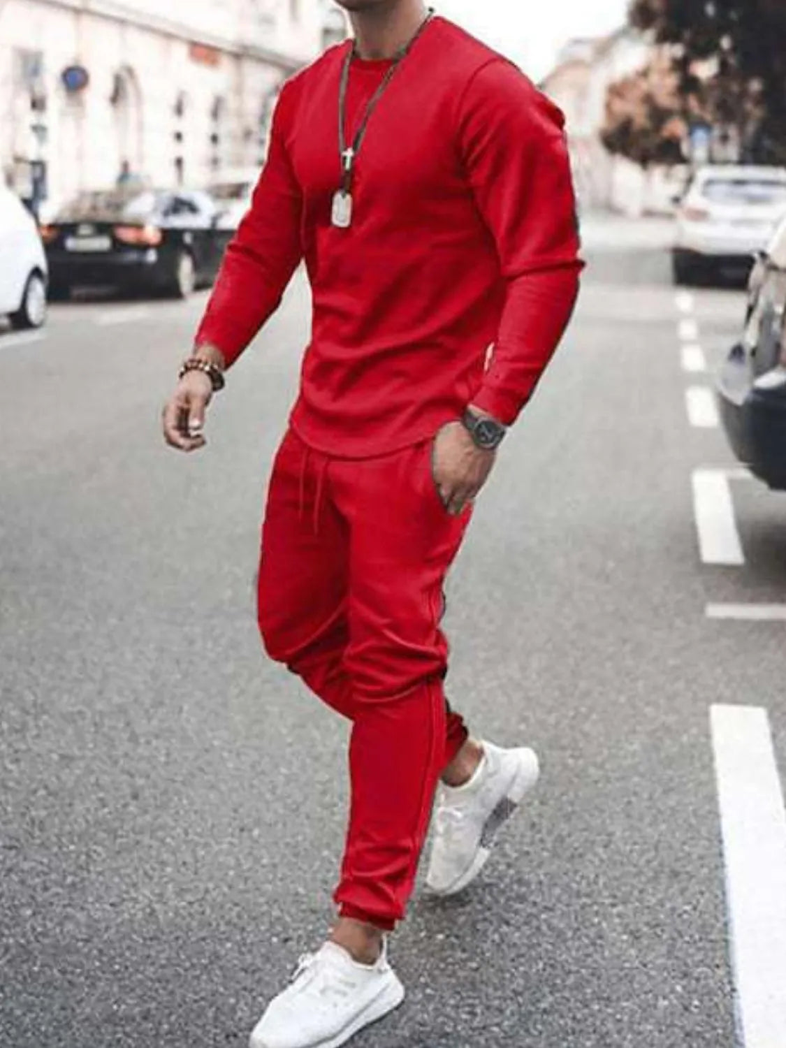 Round Neck Long Sleeve Top and Pants Set Plus Size in White for Men