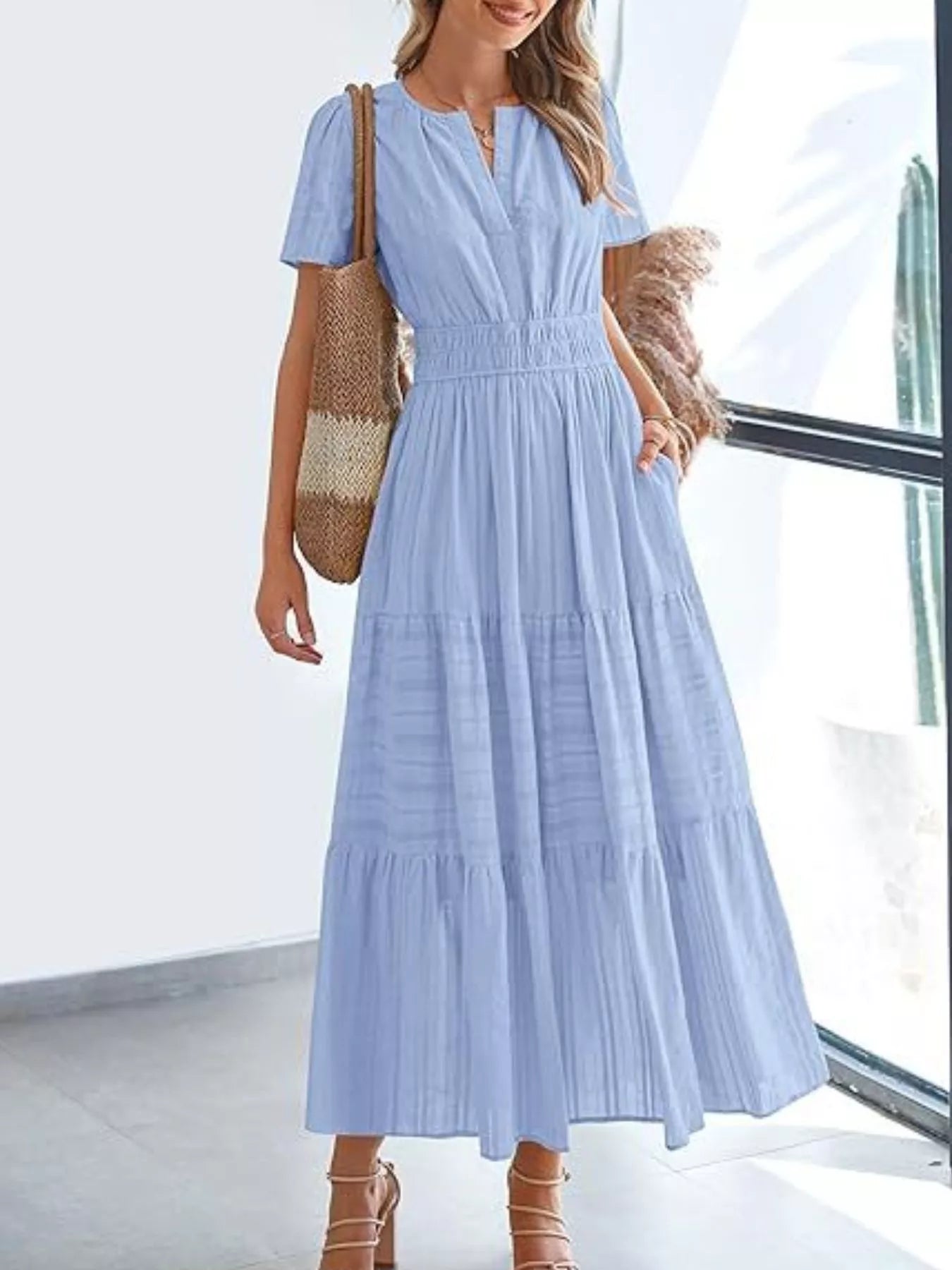 Plus Size Short Sleeve Tiered Midi Dress in Dusty Pink for Women