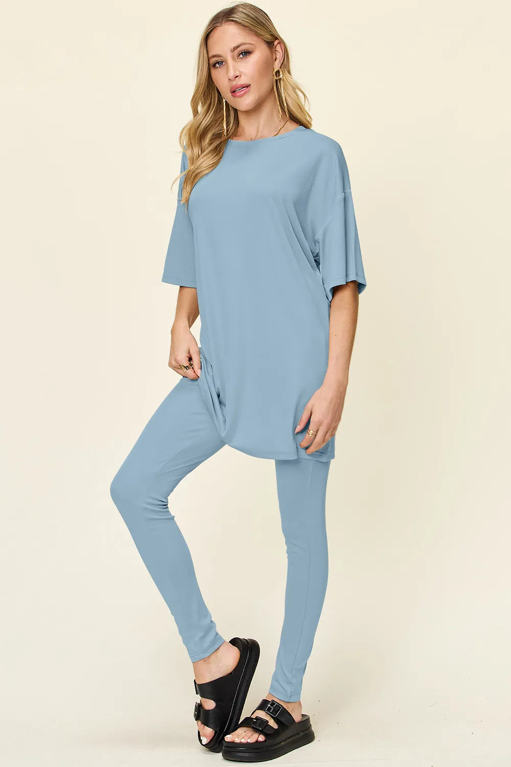Plus Size Round Neck Dropped Shoulder T-Shirt and Leggings Set in Mocha for Women