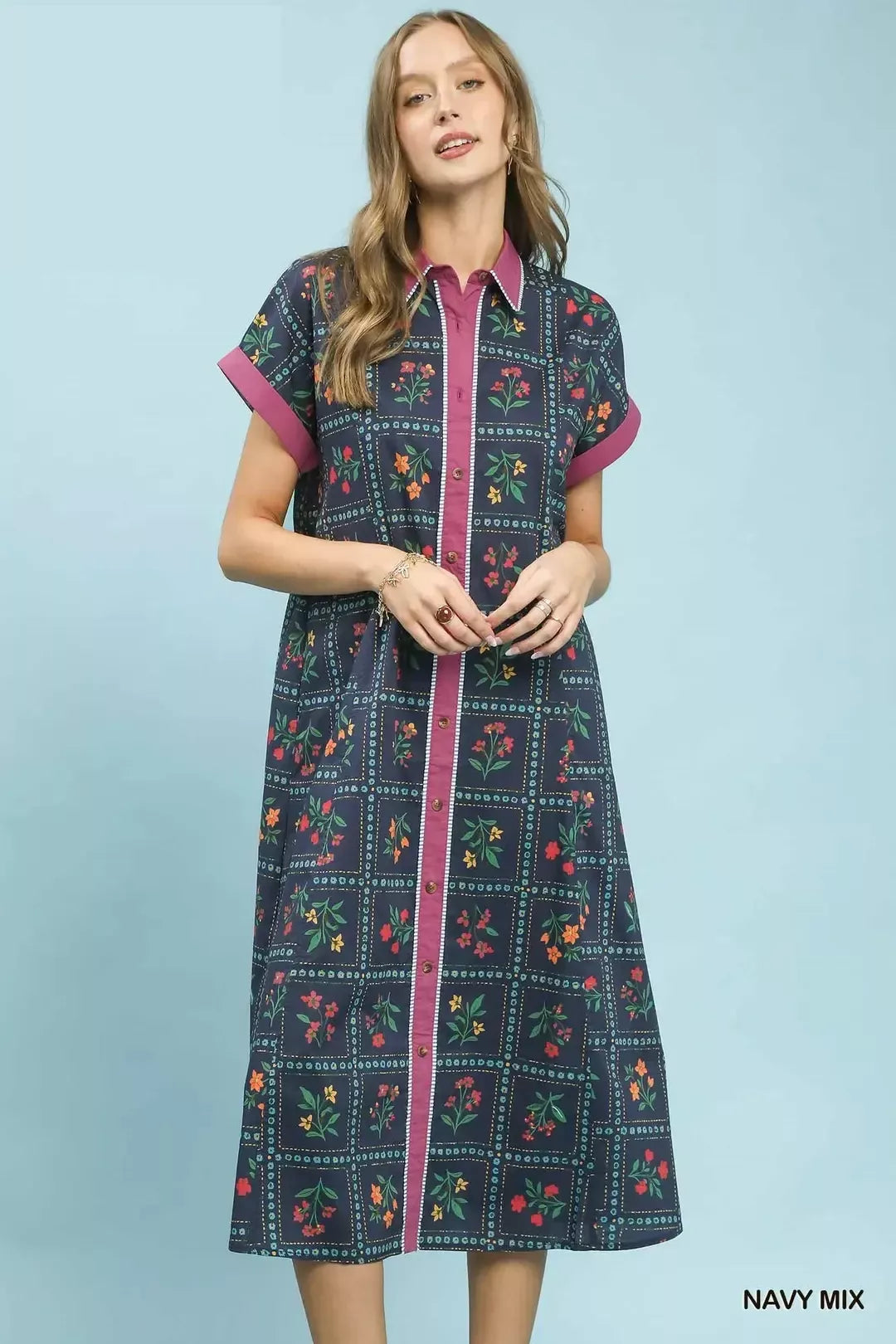 Mix Floral Button-Front Midi Dress in Navy Mix for Women