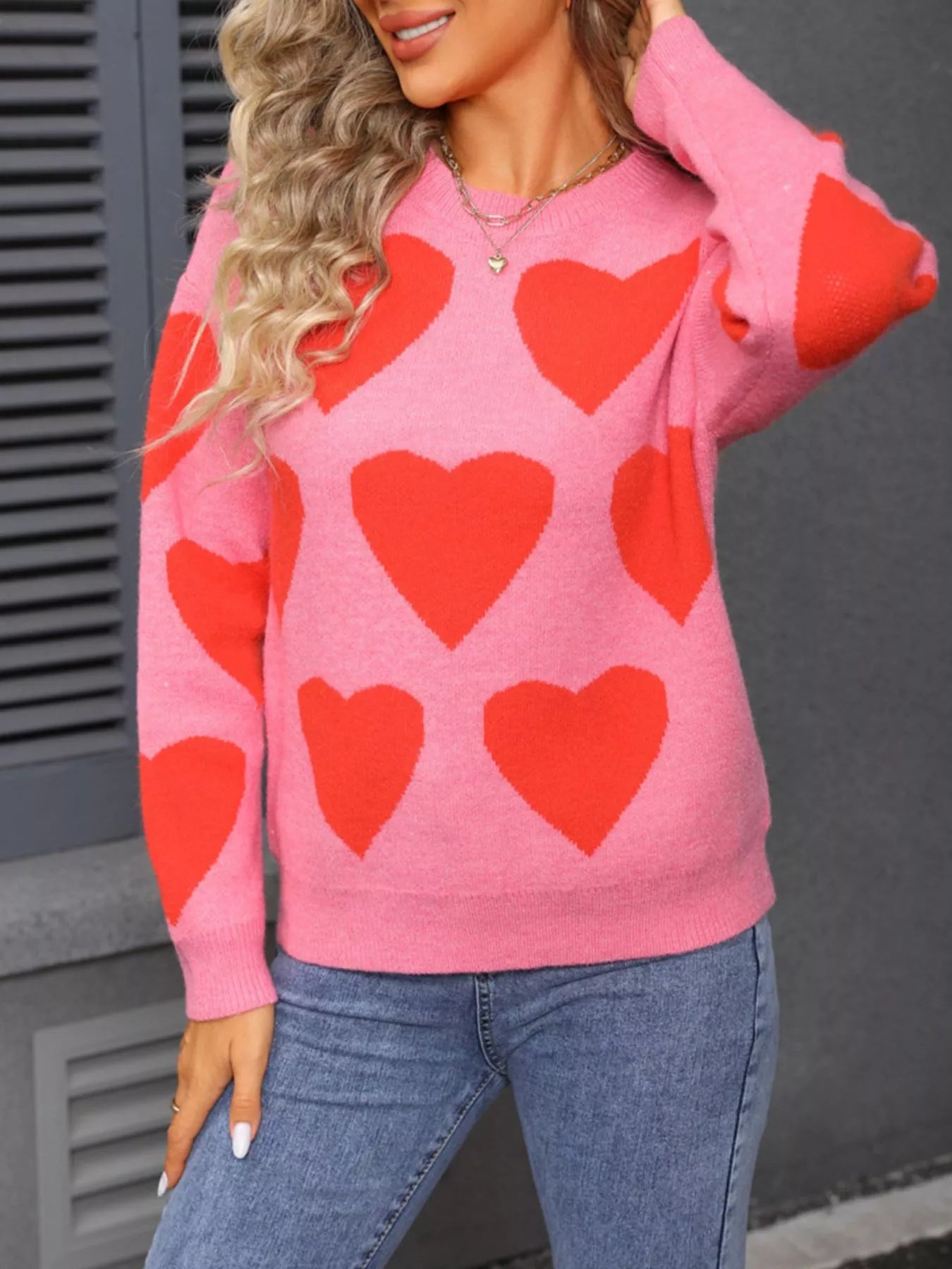 Valentines Day Heart Round Neck Knitted Sweater for Women