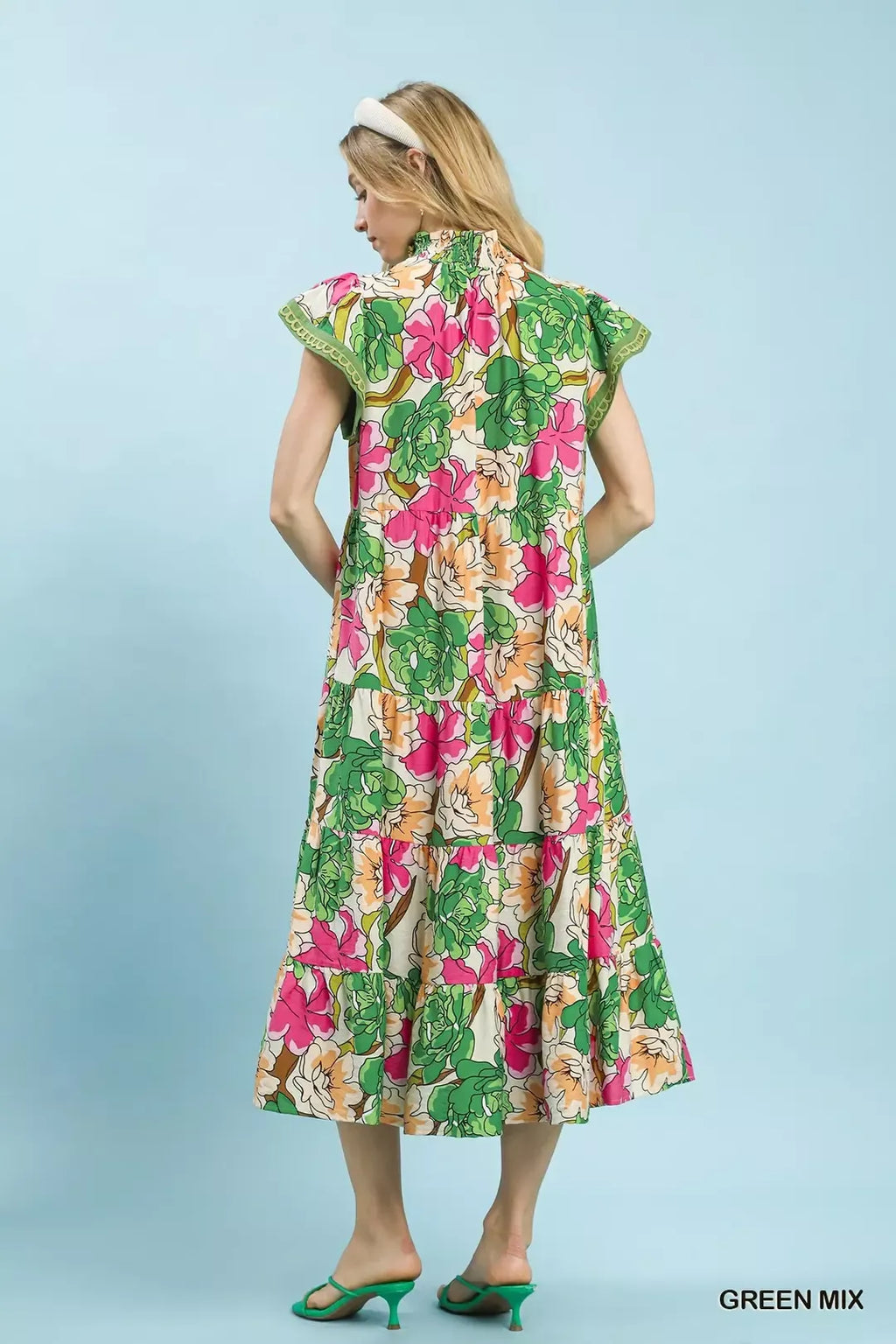 Mix Bold Floral Tiered Midi Dress in Green Mix for Women