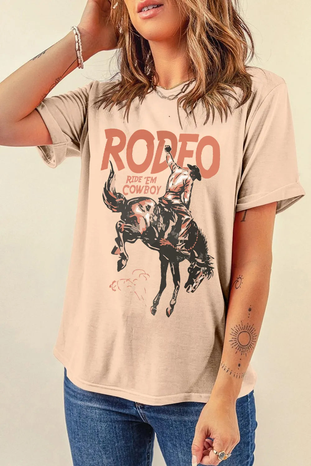 Cowboy Graphic Round Neck Short Sleeve T-Shirt in White for Women