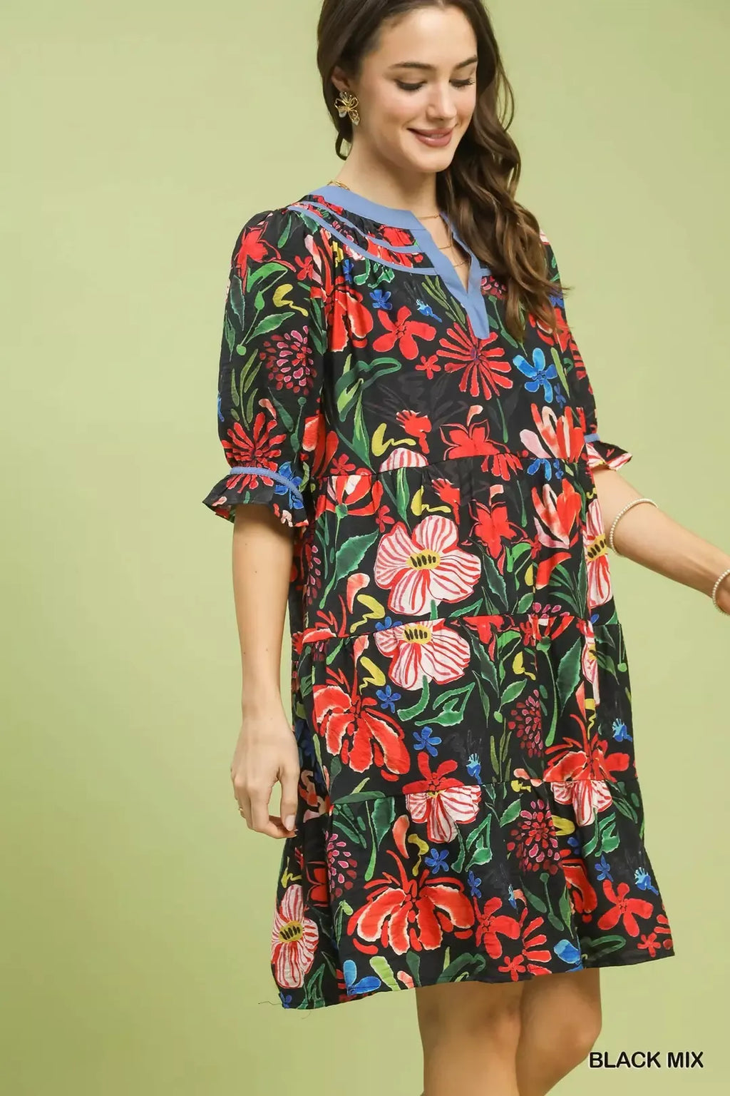 Floral Tiered Puff Sleeve Dress in Black Mix for Women