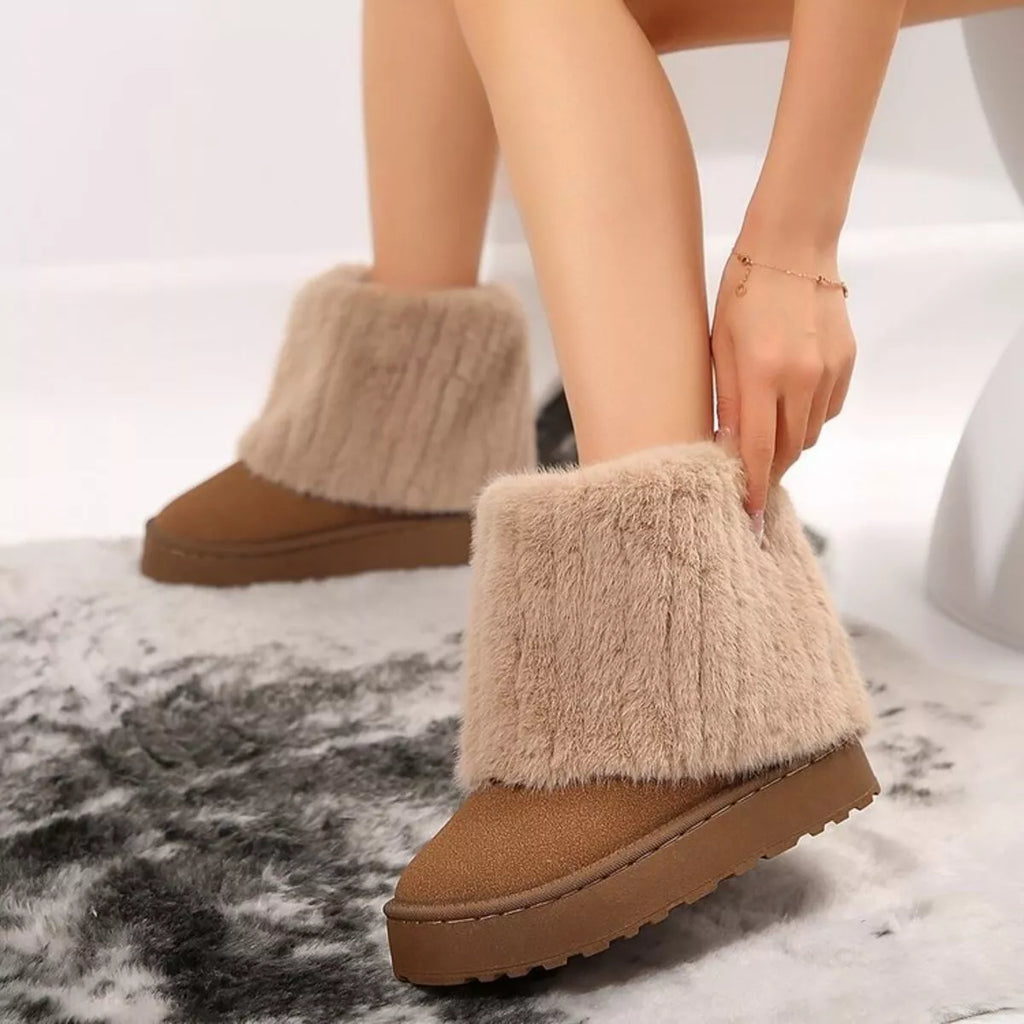 Fuzzy Round Toe Platform Boots in Camel for Women