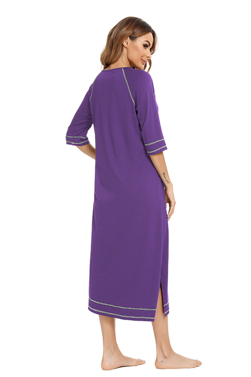 Zip Up Slit Round Neck Night Dress with Pockets in Blush Pink for Women