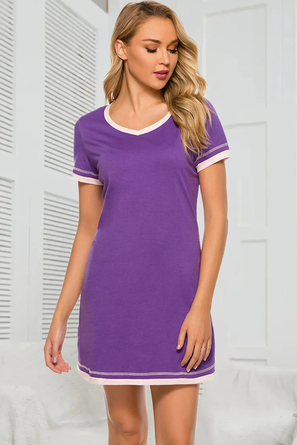 Contrast Trim Short Sleeve Lounge Dress in Light Gray for Women