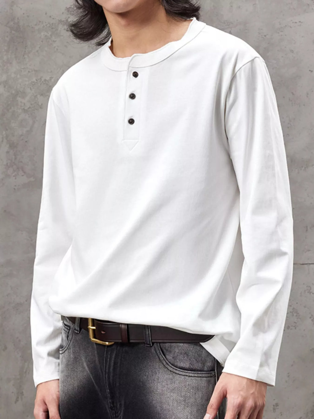 Plus Size Casual Henley Long Sleeve T-Shirt in White for Men