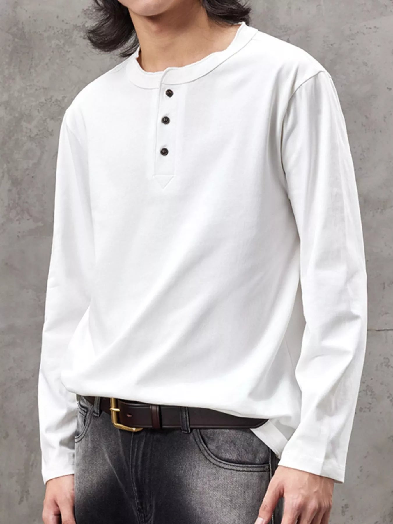 Plus Size Casual Henley Long Sleeve T-Shirt in White for Men