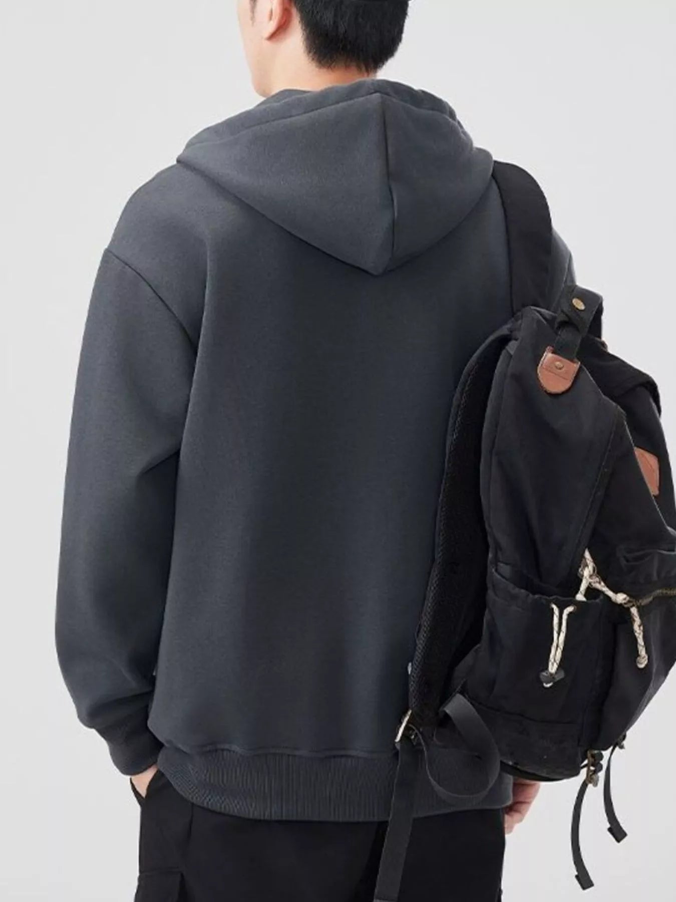 Plus Size Solid Color Zip-Up Hoodie in Black for Men