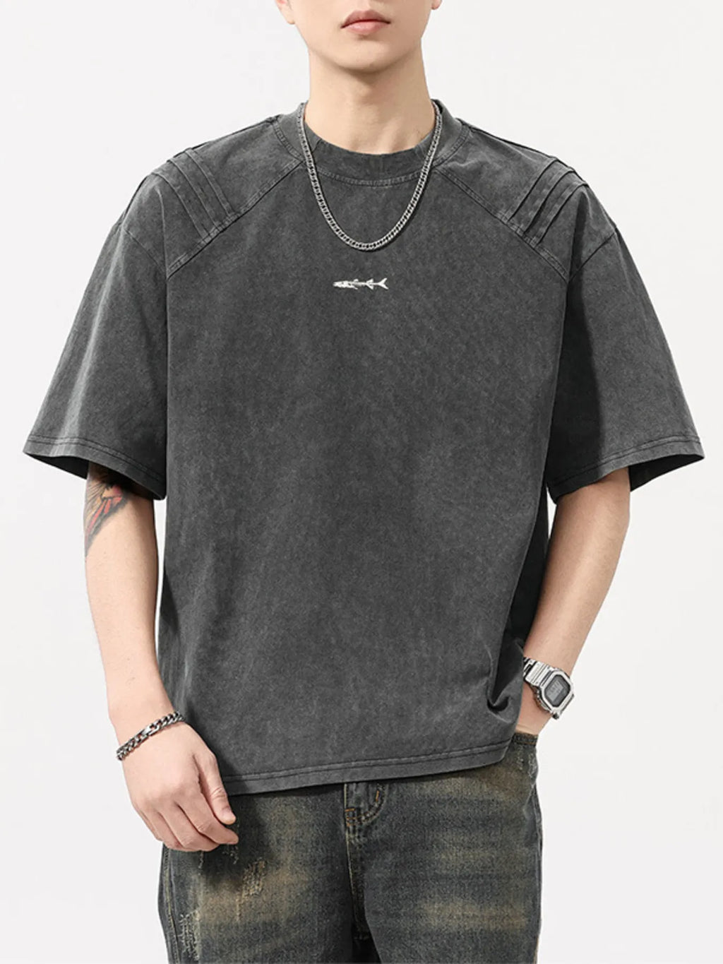 Plus Size Vintage Washed Round Neck Tee in Olive Brown for Men