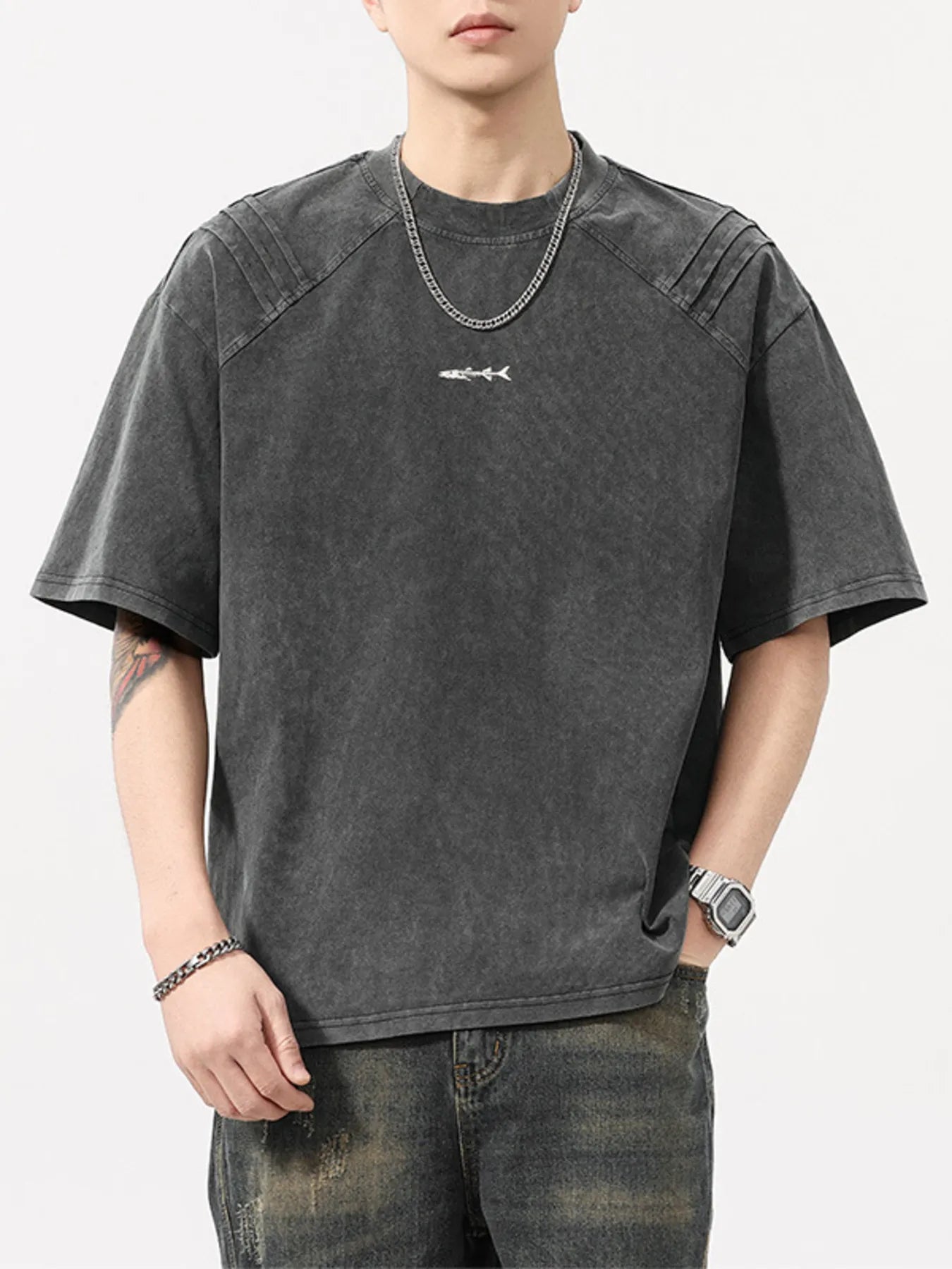 Plus Size Vintage Washed Round Neck Tee in Olive Brown for Men