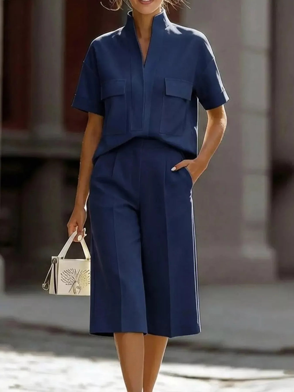Plus Size Short Sleeve Top and Shorts Set in Sky Blue for Women
