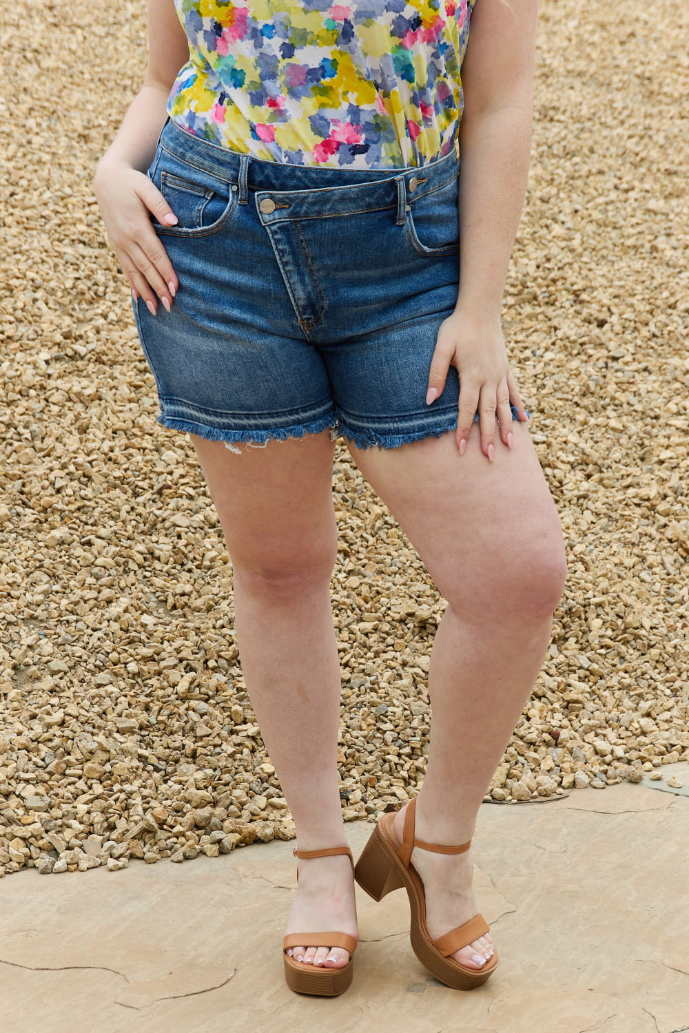 Maya Plus Size Mid Rise Asymmetrical Shorts in Medium for Women