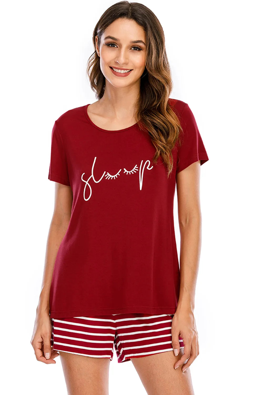 Graphic Round Neck Top and Striped Shorts Lounge Set in Scarlet for Women