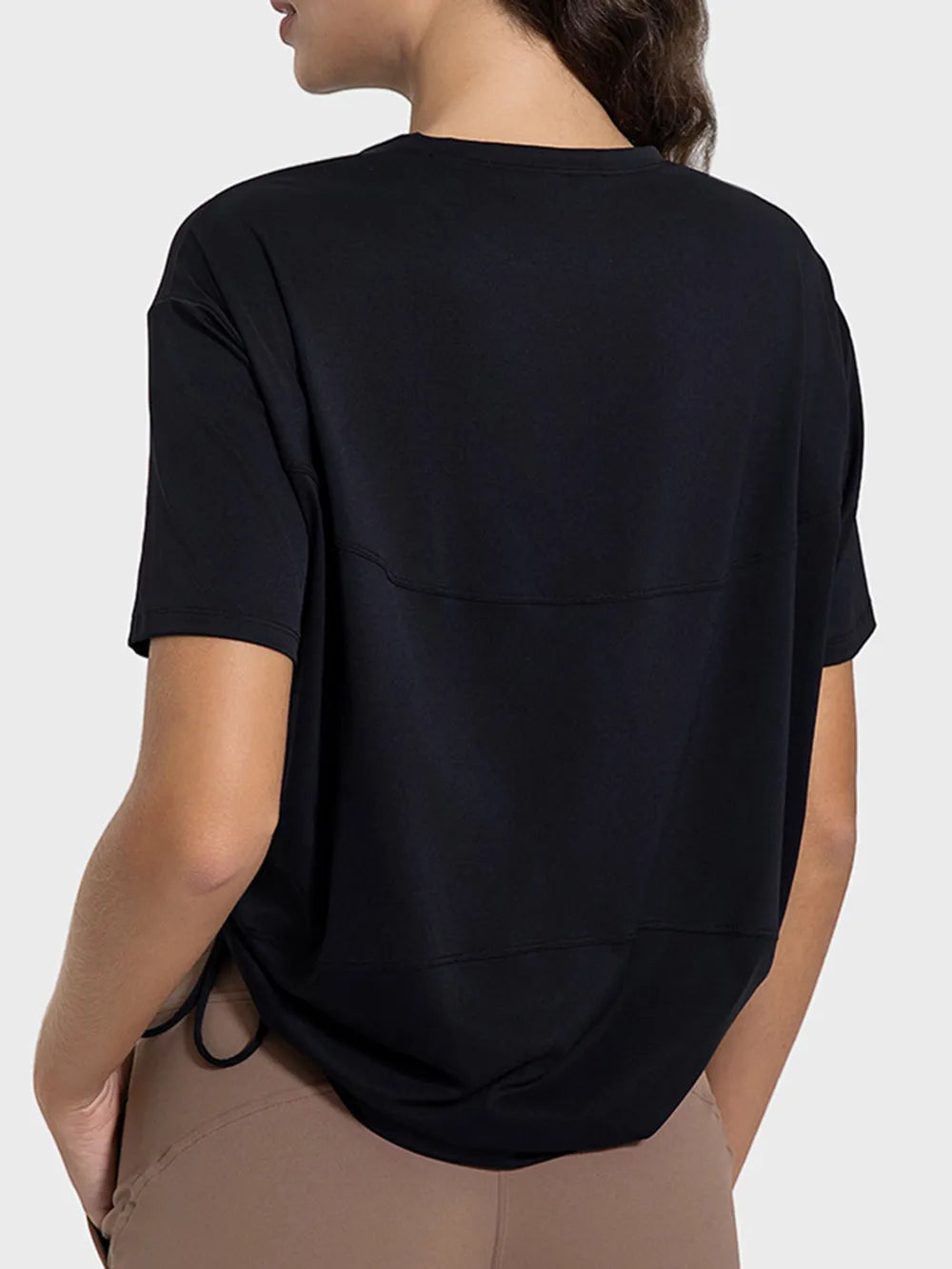 Drawstring Round Neck Short Sleeve Active T-Shirt in Black for Women