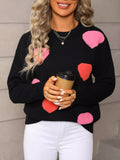 Valentines Day Heart Pattern Long Sleeve Sweater in Black for Women