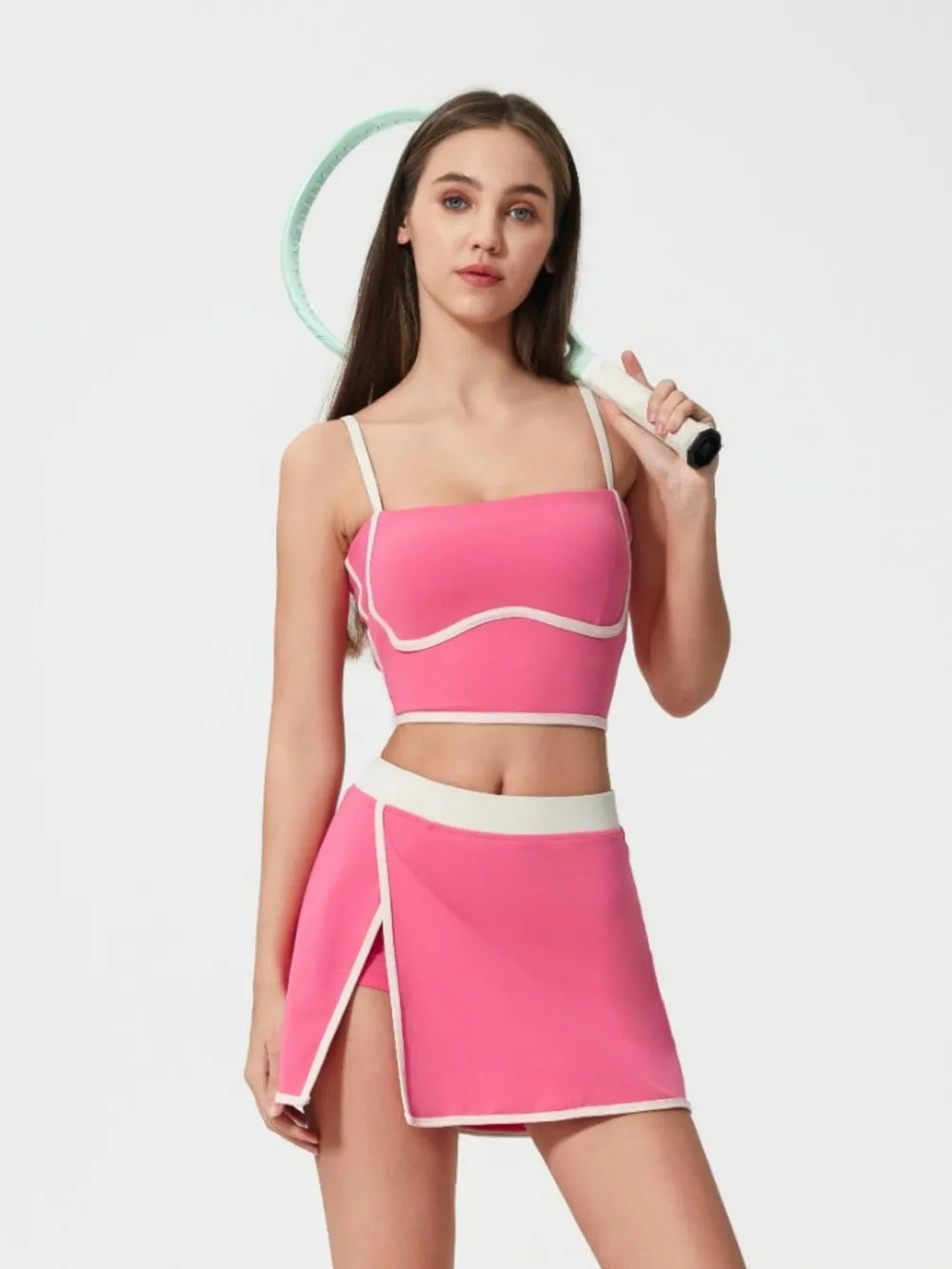 Contrast Trim Square Neck Active Cami with Detachable Chest Pads in Fuchsia Pink for Women