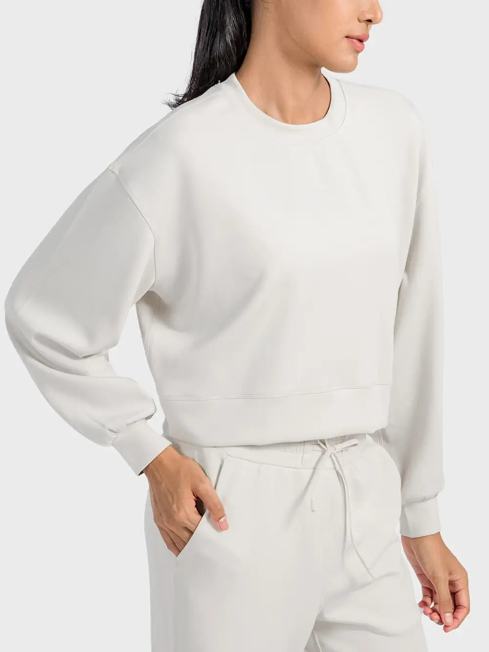 Round Neck Drop Shoulder Sports Top in Dark Blue for Women