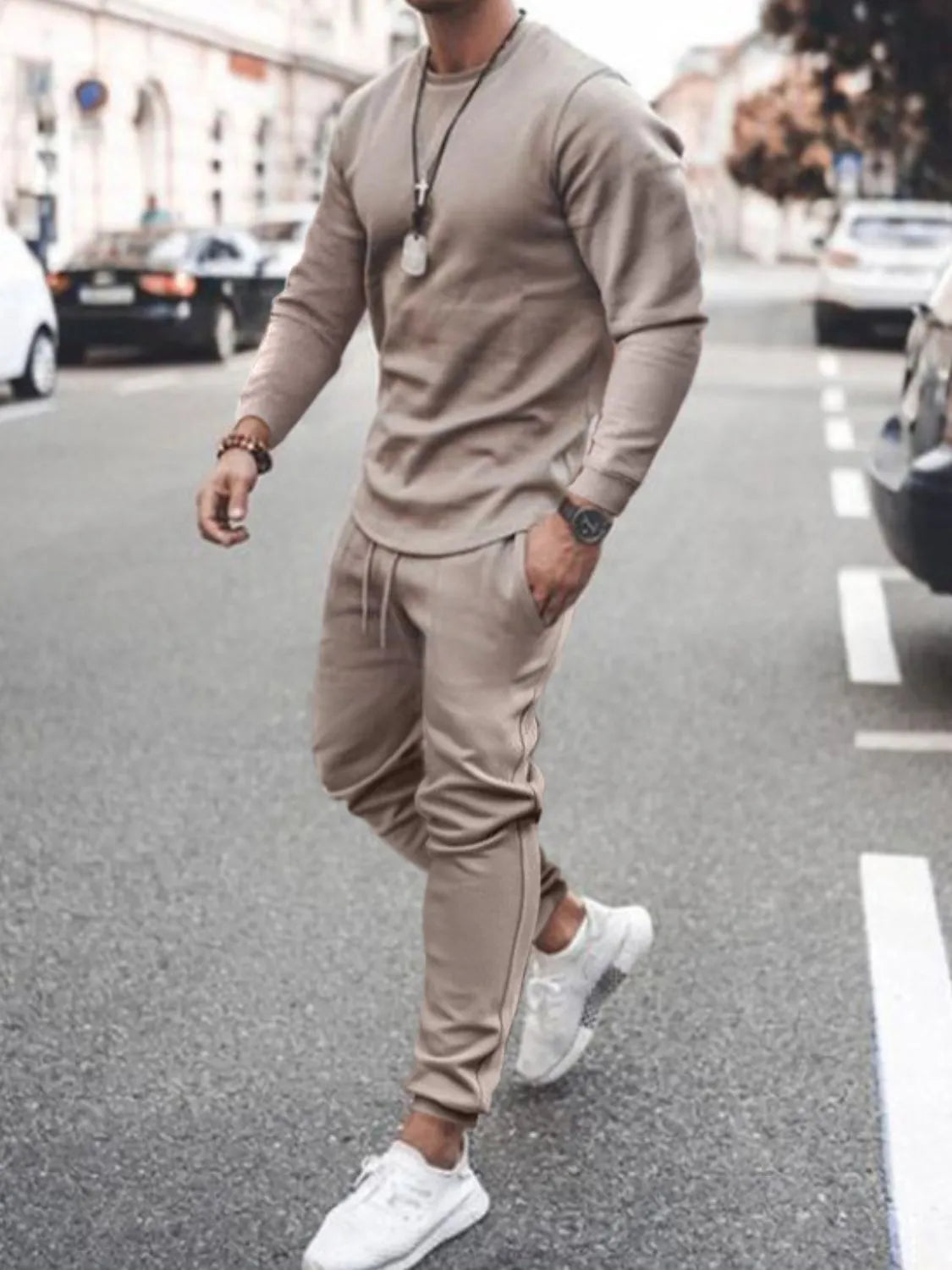 Round Neck Long Sleeve Top and Pants Set Plus Size in White for Men