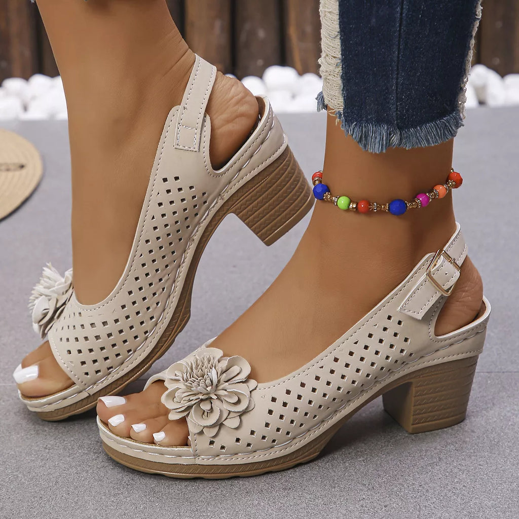 Floral Accent Block Heel Sandals in Black for Women