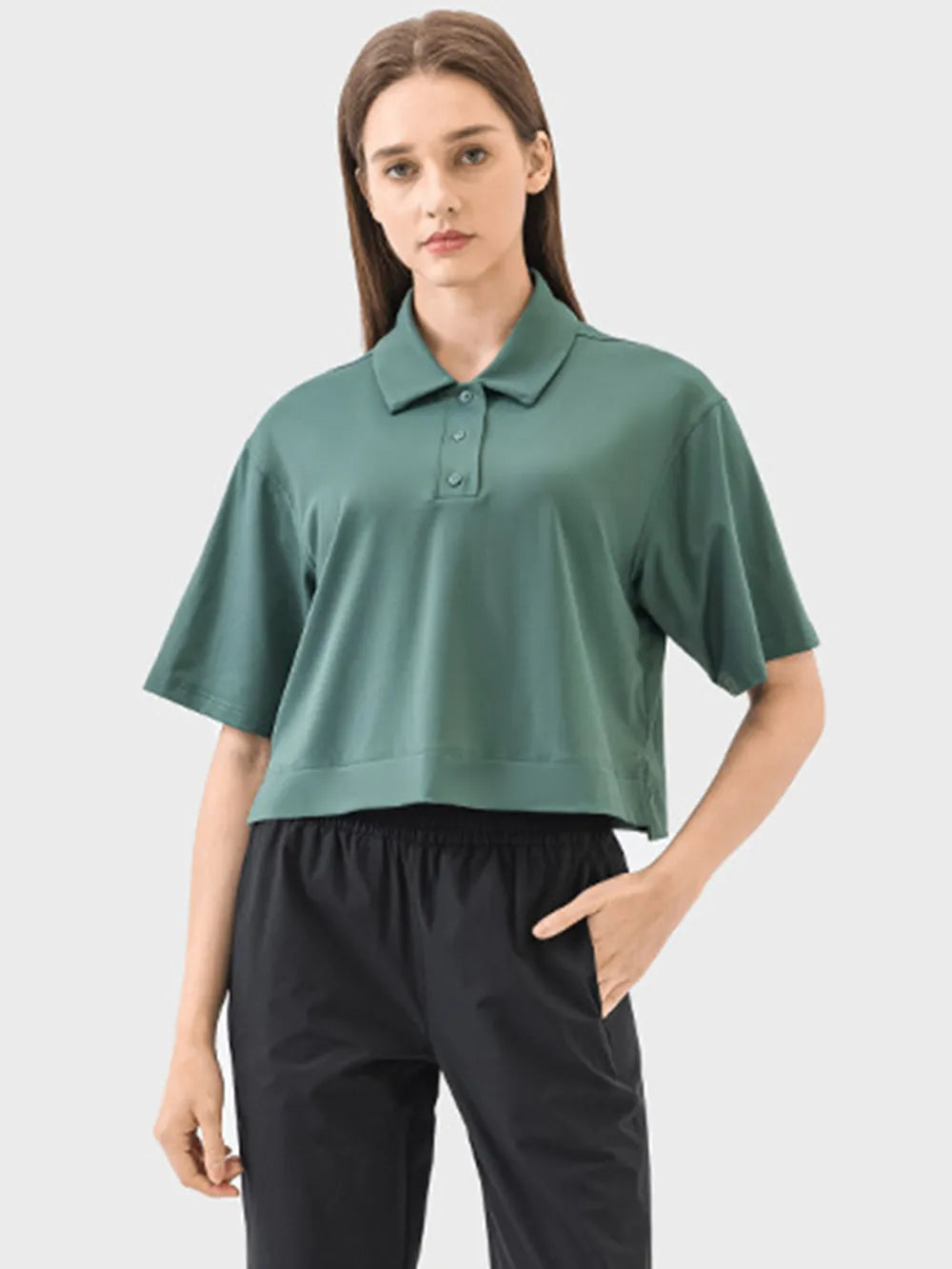 Half Button Short Sleeve Active T-Shirt in Turquoise for Women