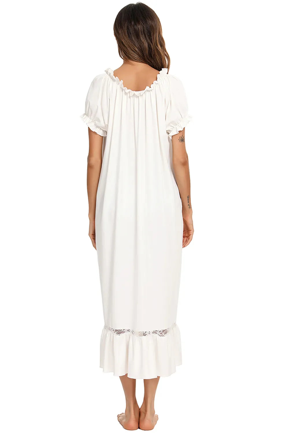 Lace Detail Short Sleeve Lounge Dress in White for Women