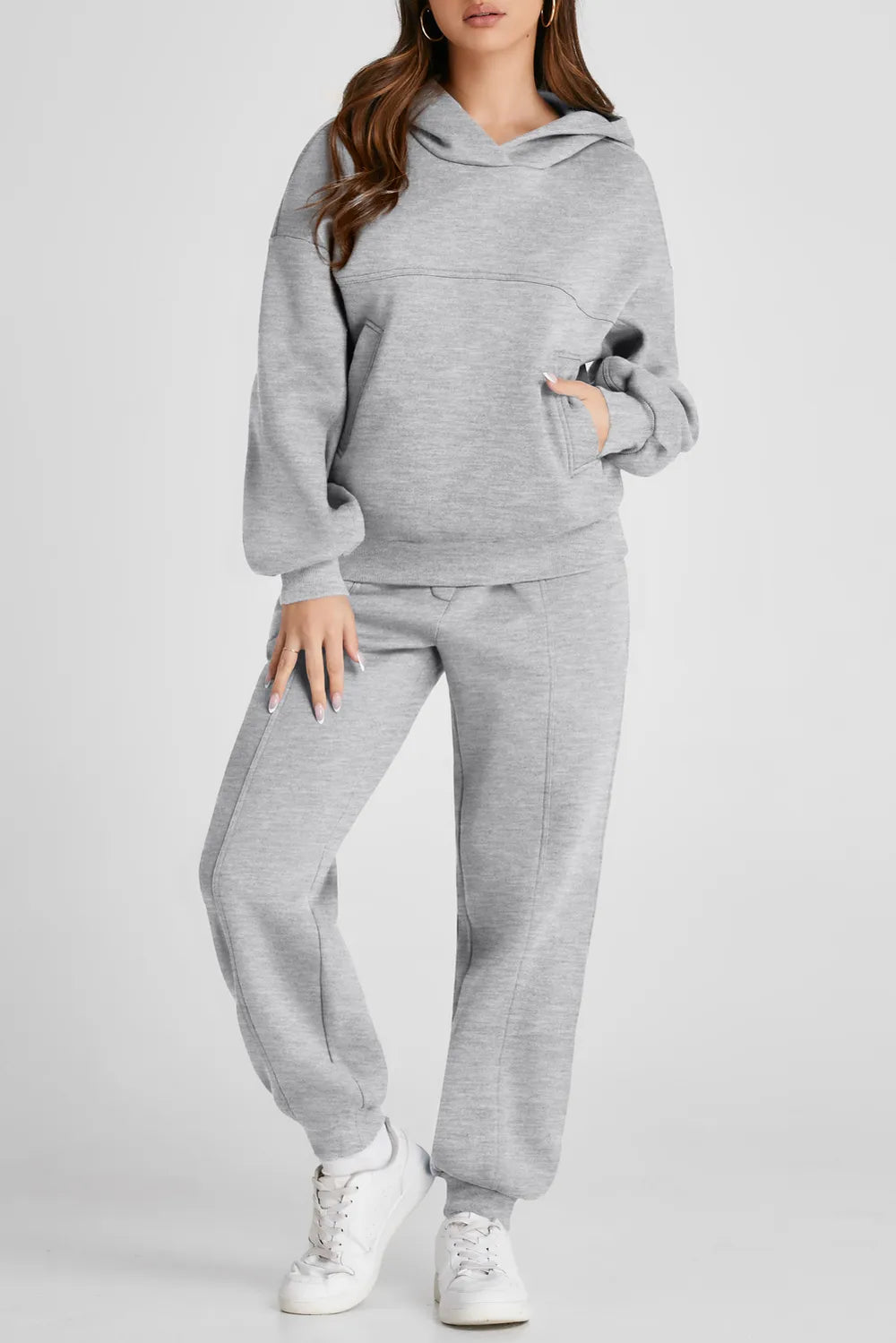 Dropped Shoulder Long Sleeve Hoodie and Pants Active Set in Gray for Women