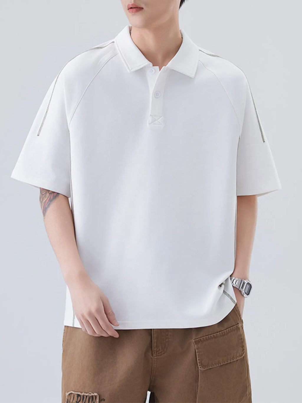 Plus Size Button Detail Short Sleeve Polo in Classic in Black for Men
