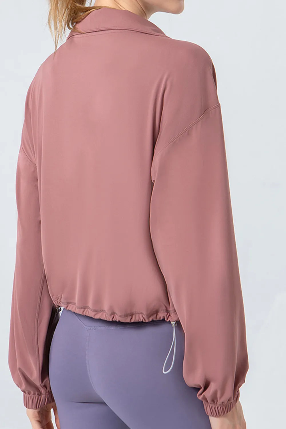 Drawstring Zip Up Dropped Shoulder Active Outerwear in Dusty Pink for Women
