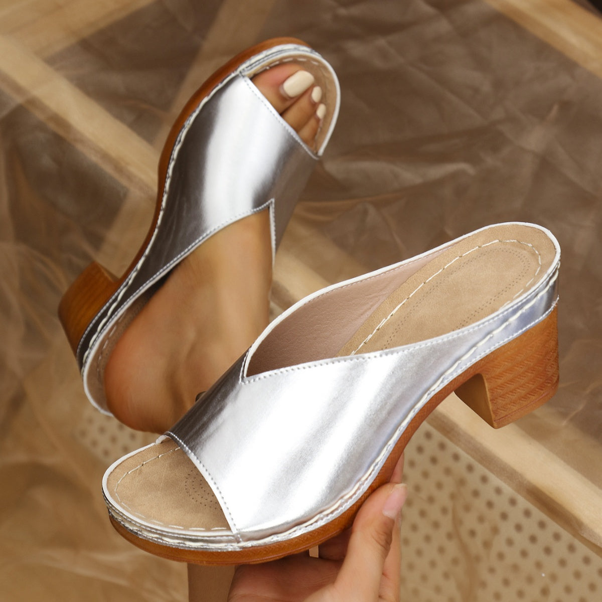 Open Toe Block Heel Sandals in Gold for Women