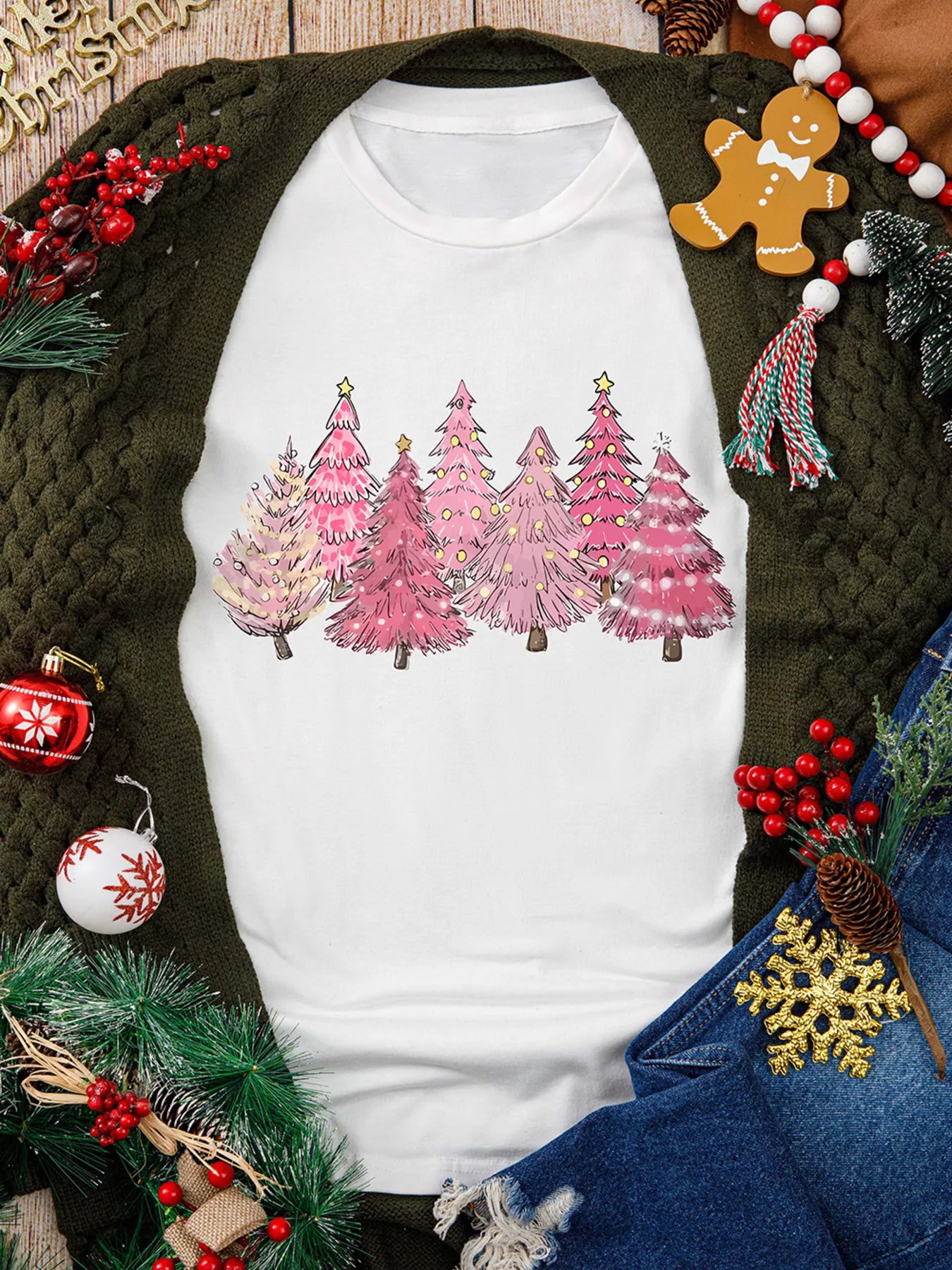 Lighting Christmas Trees Graphic Tee Plus Size in White for Women