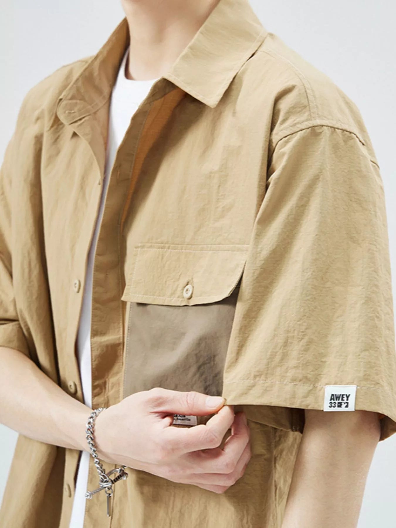 Plus Size Button Up Short Sleeve Shirt in Camel for Men