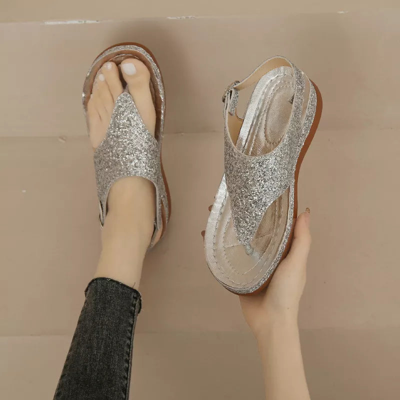 Toe Post Wedge Sandals in Playing Cards in Gold for Women