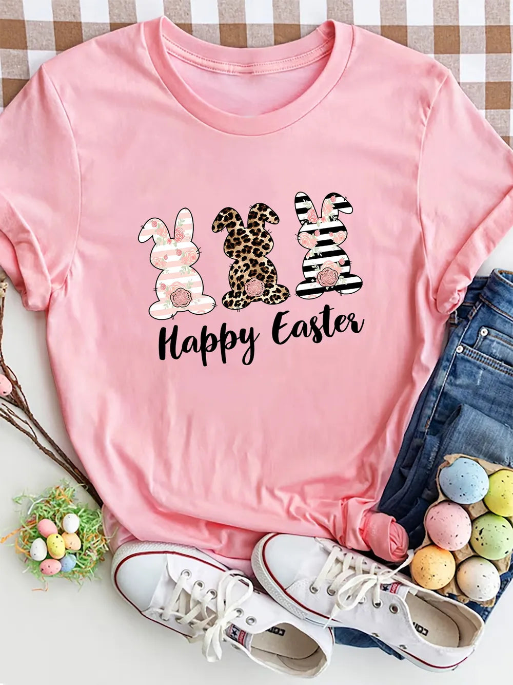 Happy Easter Round Neck Short Sleeve T-Shirt in Blush Pink for Women