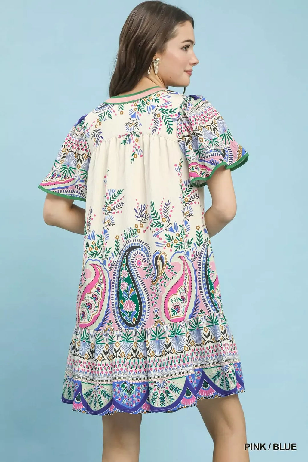 Paisley Flutter Sleeve Mini Dress in Pink Blue for Women