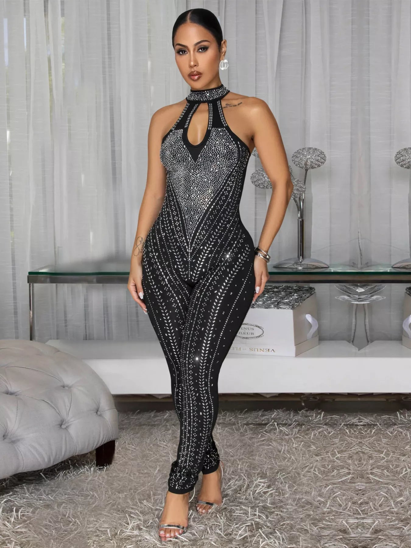 Sparkling Rhinestone Cutout Jumpsuit in Black for Women