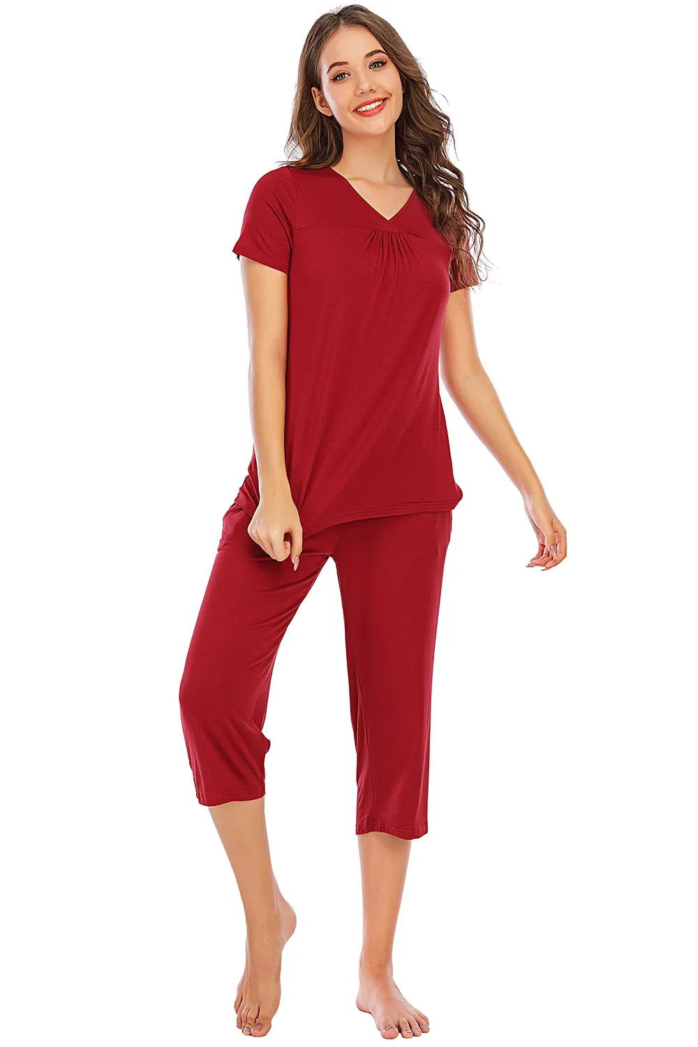 V-Neck Short Sleeve Top and Pants Lounge Set in Black for Women