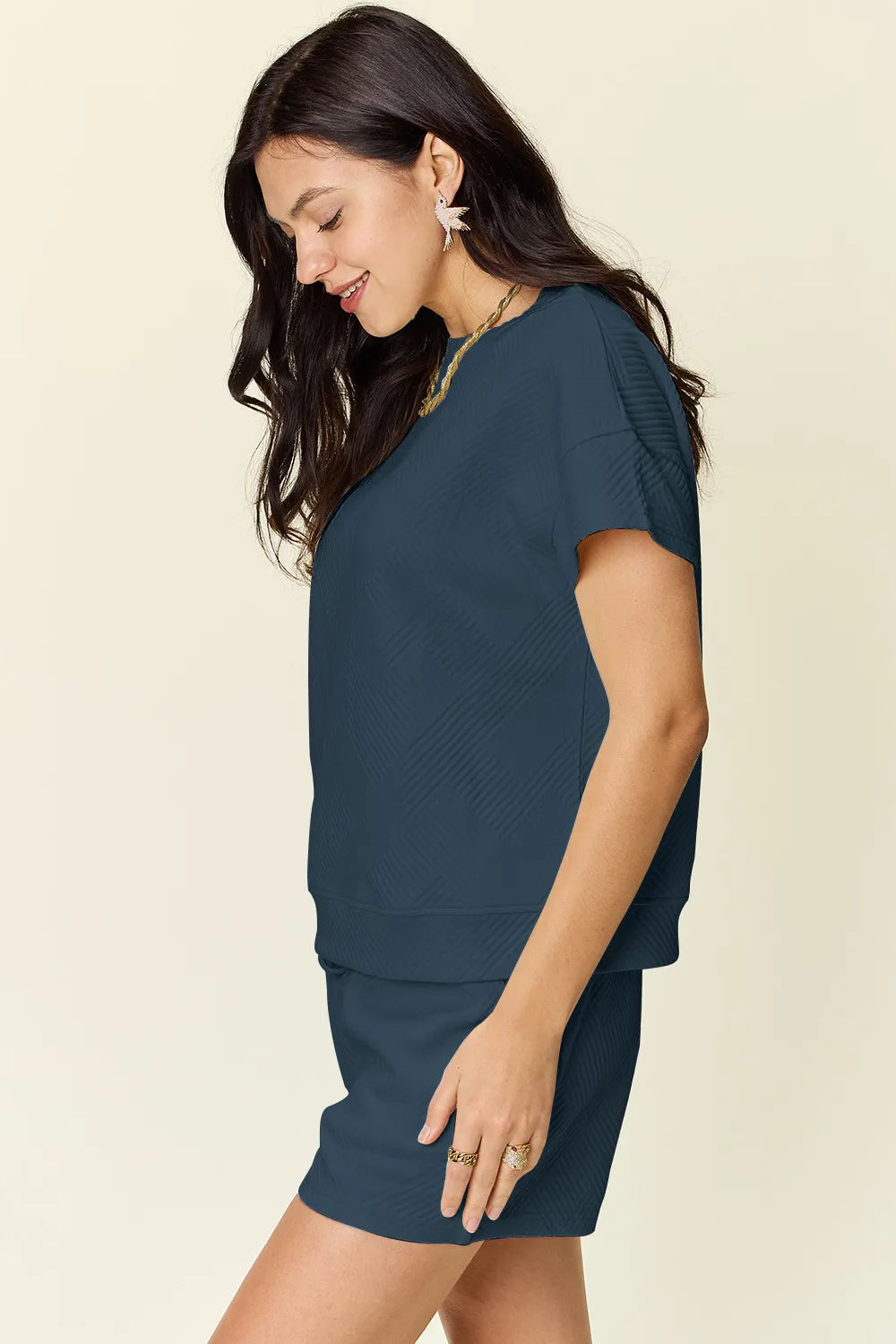 Plus Size Texture Short Sleeve T-Shirt and Drawstring Shorts Set in Mocha in Royal Blue for Women