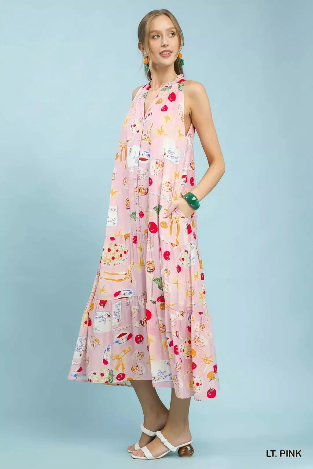 Abstract Print Tiered Halter Midi Dress in Light Pink for Women