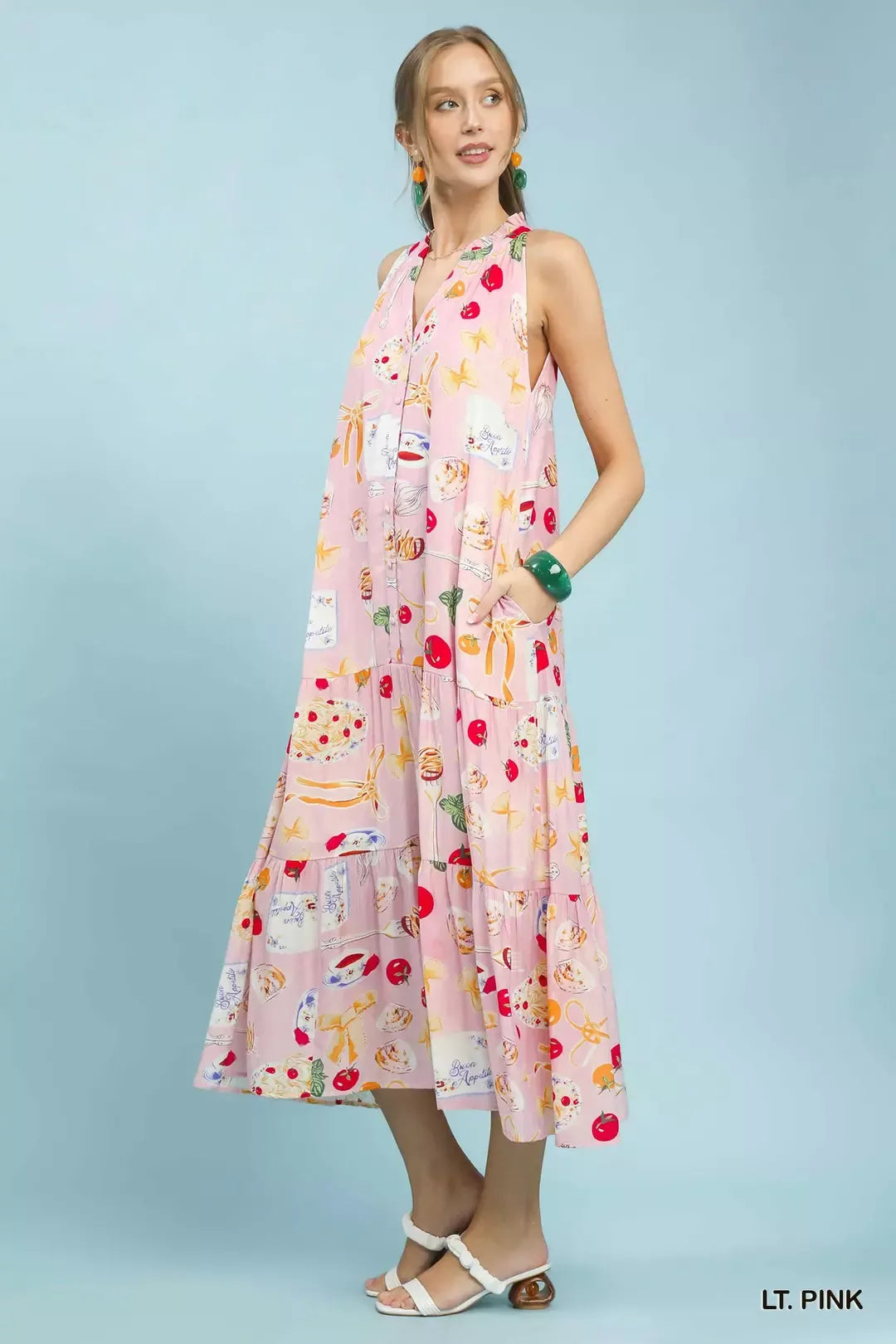 Abstract Print Tiered Halter Midi Dress in Light Pink for Women