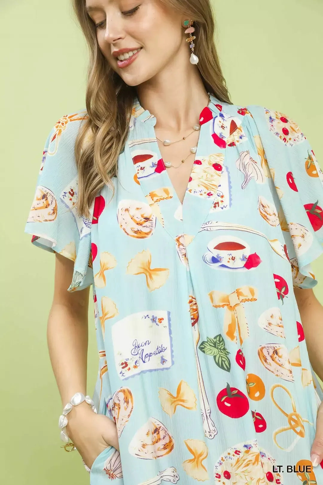 Abstract Print Flutter Sleeve Midi Dress in Light Blue for Women