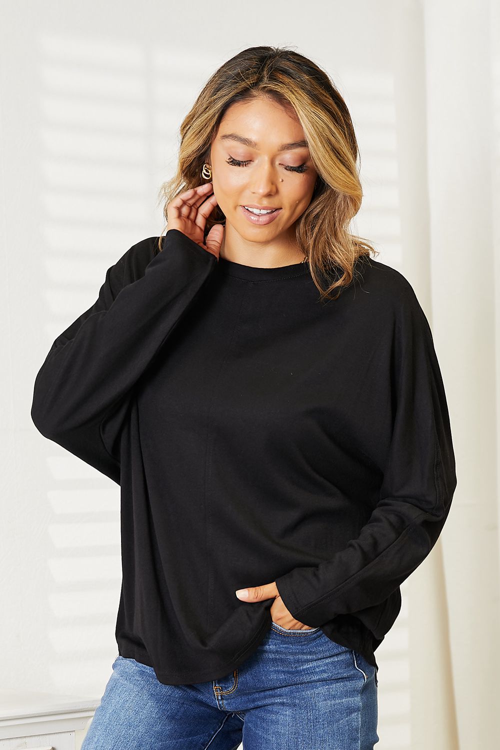 Seam Detail Round Neck Long Sleeve Top in Light Gray for Women