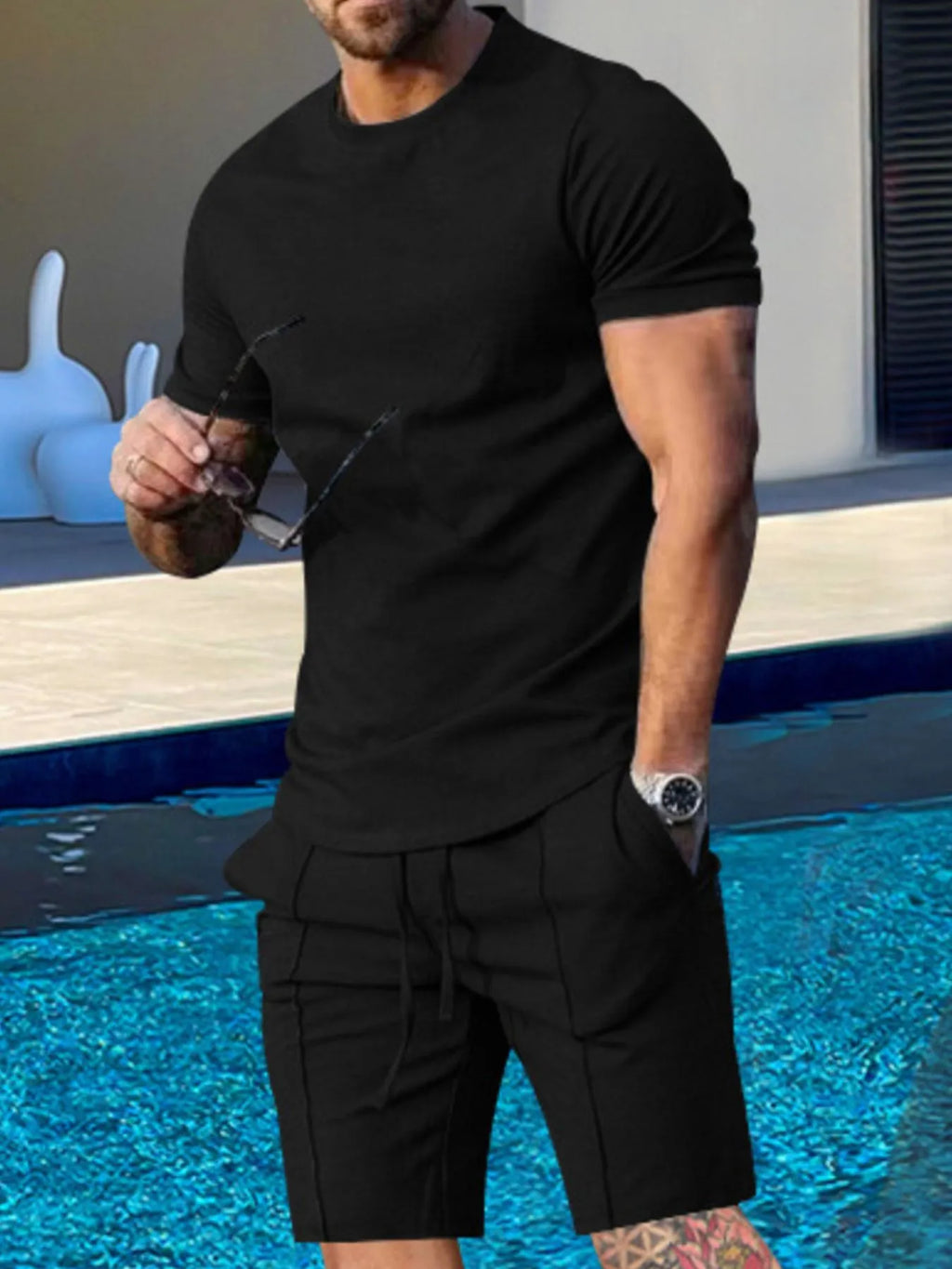 Plus Size Round Neck Short Sleeve Top and Shorts Set in Light Gray for Men