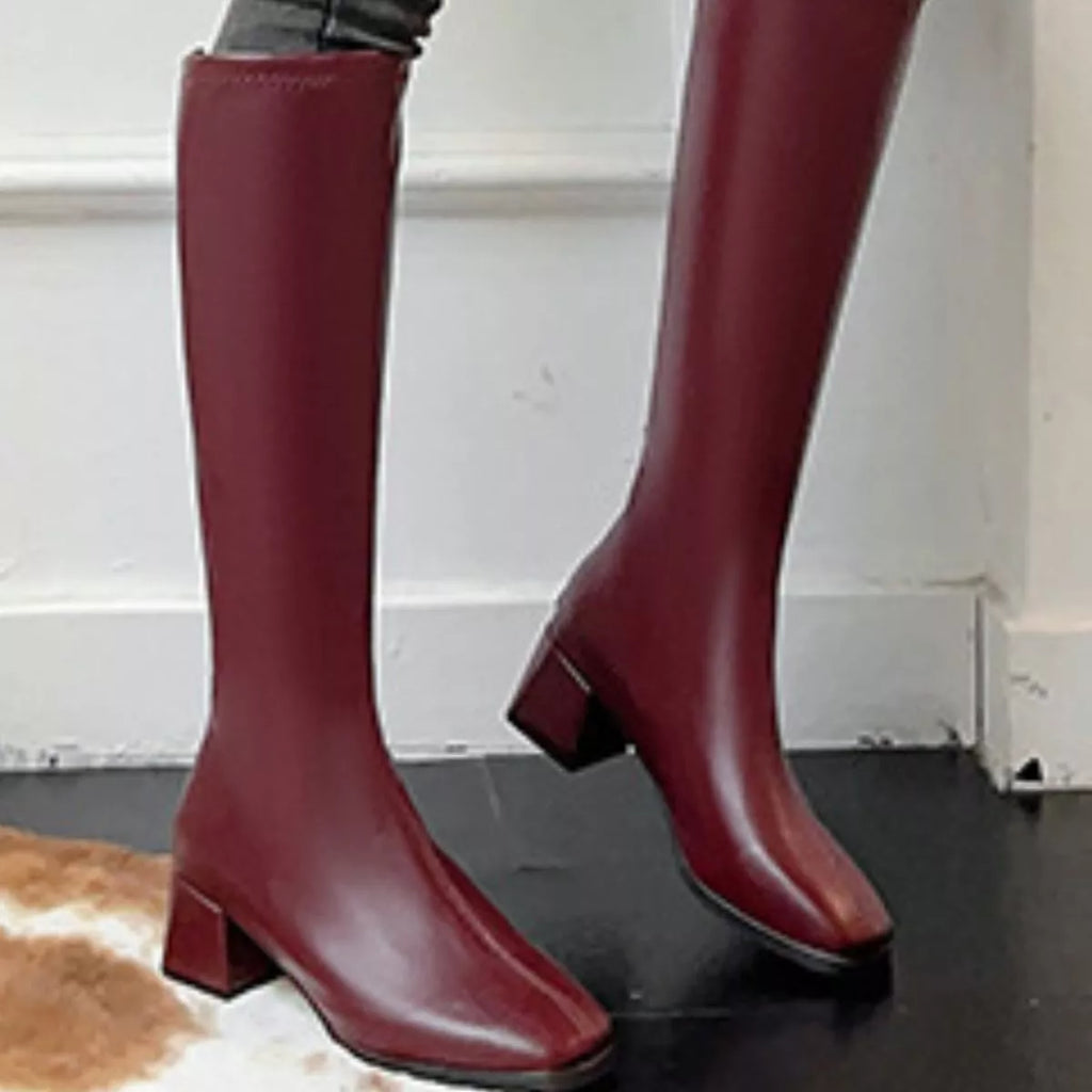 Square Toe Block Heels Boots in Off-White for Women