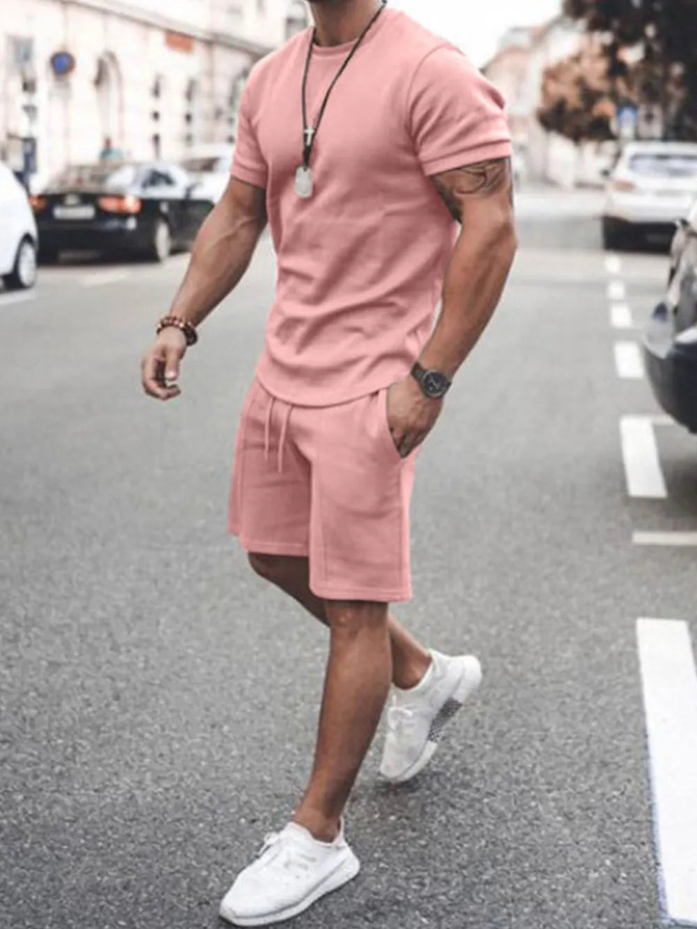 Plus Size Round Neck Short Sleeve Top and Shorts Set in White for Men